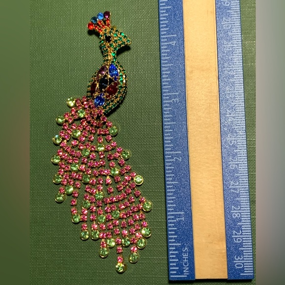Rhinestone Jeweled Peacock Pin Brooch Signed OTC On The Back.  4.5 inches tall - Picture 9 of 12
